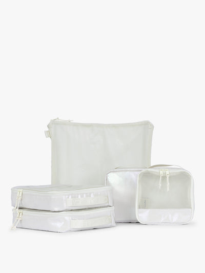 CALPAK Terra 5-Piece Packing Cube Set in shiny white iridescent Moonbeam with two small cubes, two medium cubes, and one large mesh cube with zippers and mesh; PCT2601-MOONBEAM