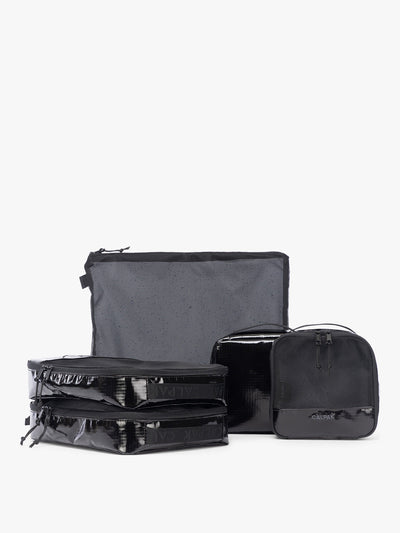 CALPAK Terra 5-Piece Packing Cube Set in black Obsidian with two small cubes, two medium cubes, and one large mesh cube with zippers and mesh; PCT2601-OBSIDIAN