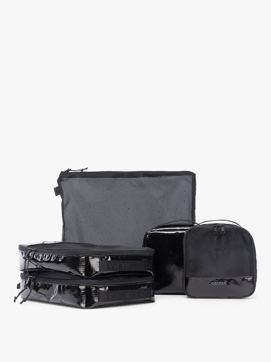 CALPAK Terra 5-Piece Packing Cube Set in black Obsidian with two small cubes, two medium cubes, and one large mesh cube with zippers and mesh; PCT2601-OBSIDIAN