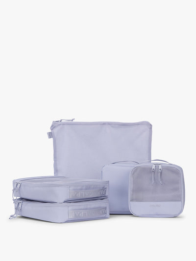 CALPAK Terra 5-Piece Packing Cube Set in purple lavender Sea Glass with two small cubes, two medium cubes, and one large mesh cube with zippers and mesh; PCT2601-SEA-GLASS