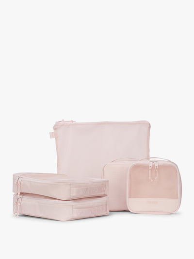 CALPAK Terra 5-Piece Packing Cube Set in pink Shell Pink with two small cubes, two medium cubes, and one large mesh cube with zippers and mesh; PCT2601-SHELL-PINK