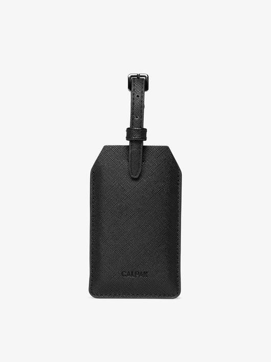 CALPAK Portable Luggage Tag + Charger with faux leather exterior in black; APT2401-BLACK