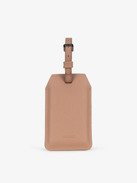 CALPAK Portable Luggage Tag + Charger with faux leather exterior in  brown; APT2401-CARAMEL