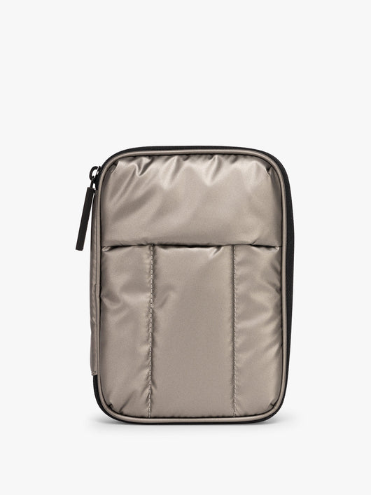 CALPAK Luka Zip Passport Wallet in metallic grey on a white background; PZW2301-GUNMETAL