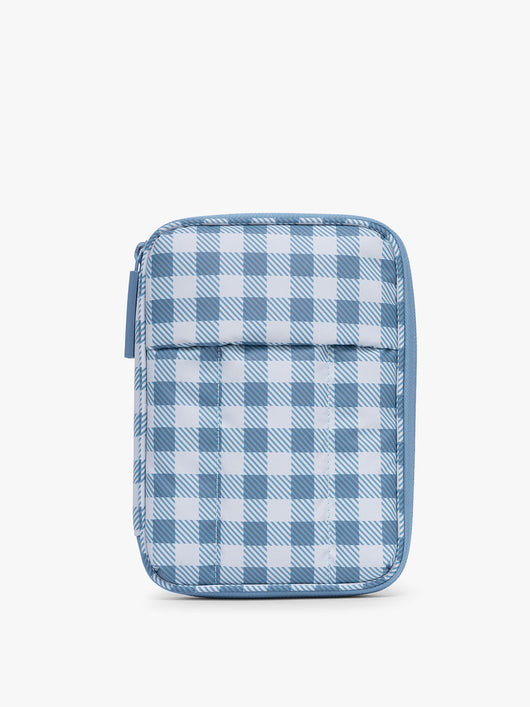 CALPAK Luka Zippered Passport Wallet in white and blue gingham print in French Blue Gingham; PZW2301-FRENCH-BLUE-GINGHAM