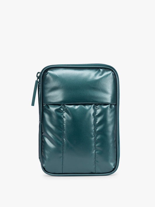 CALPAK Luka Zip Passport Wallet in dark green shiny Glazed Kale; PZW2301-GLAZED-KALE