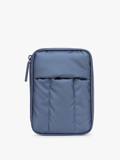 CALPAK Luka Zippered Passport Wallet in dark blue metallic material in Metallic Indigo; PZW2301-METALLIC-INDIGO