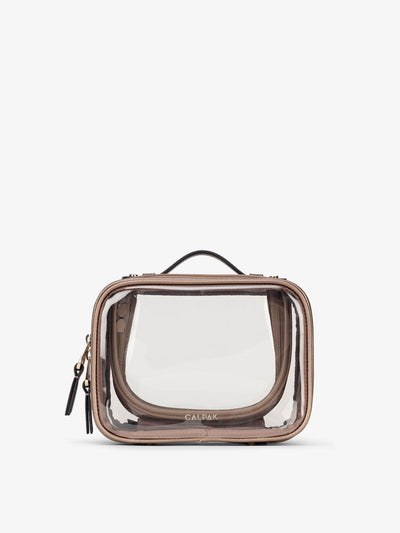 CALPAK small clear makeup bag with zippered compartments in metallic bronze; CCM2001-BRONZE