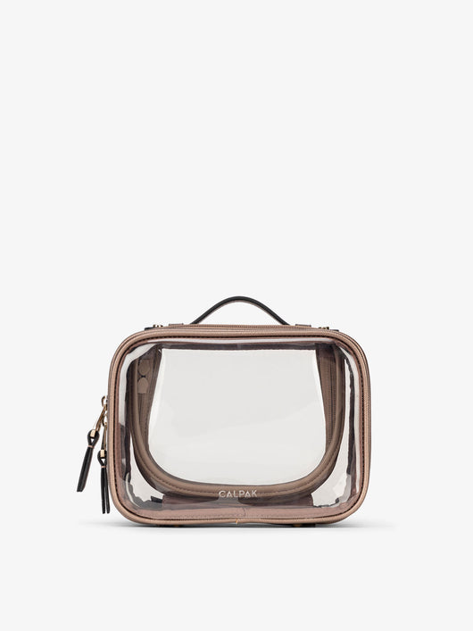 CALPAK small clear makeup bag with zippered compartments in metallic bronze; CCM2001-BRONZE