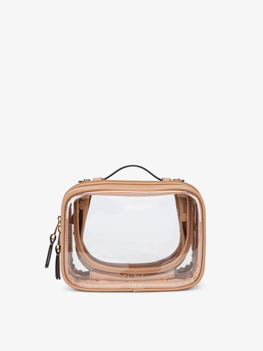 CALPAK clear makeup case with zippered compartments in caramel color; CCM2001-CARAMEL