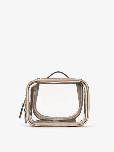 CALPAK small clear makeup bag with zippered compartments in metallic gold; CCM2001-GOLD