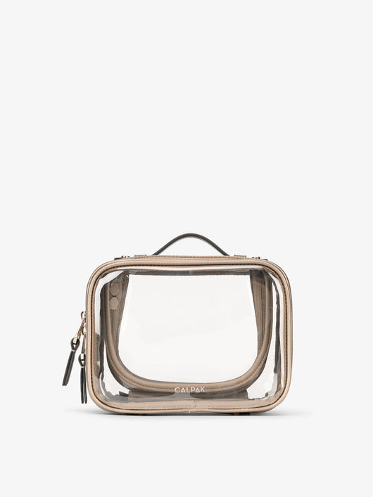 CALPAK small clear makeup bag with zippered compartments in metallic gold; CCM2001-GOLD