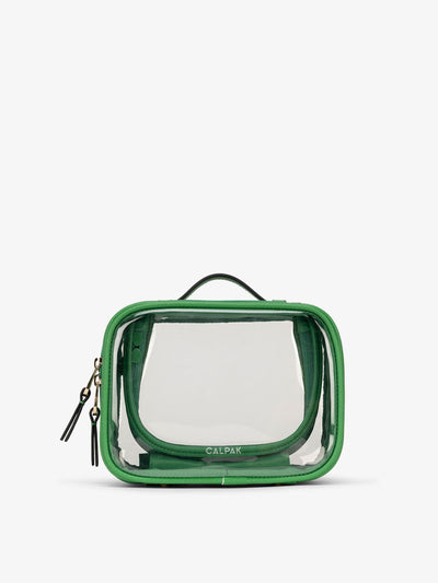 CALPAK small clear makeup bag with zippered compartments in green apple; CCM2001-GREEN-APPLE