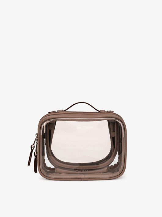 CALPAK small clear cosmetic case with handle in brown mocha; CCM2001-MOCHA