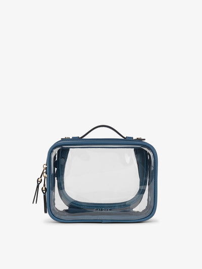 CALPAK small clear makeup bag with zippered compartments in dark blue; CCM2001-DEEP-SEA