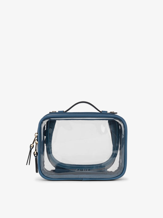 CALPAK small clear makeup bag with zippered compartments in dark blue; CCM2001-DEEP-SEA