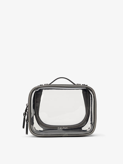 CALPAK small clear makeup bag with zippered compartments in metallic dark gray; CCM2001-STEEL