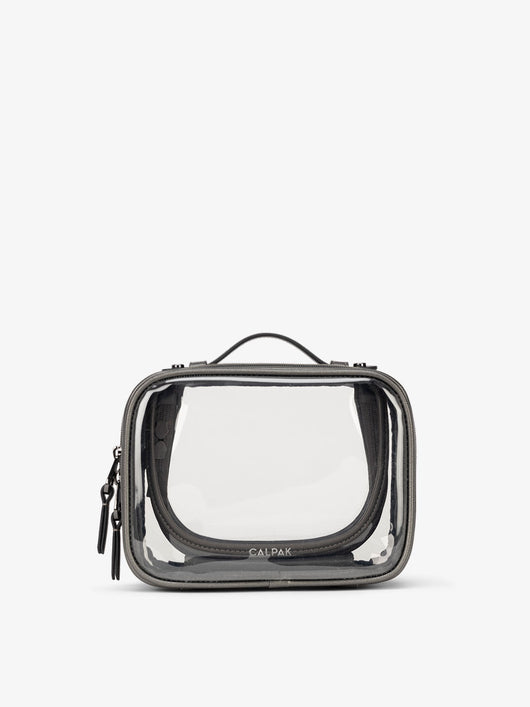CALPAK small clear makeup bag with zippered compartments in metallic dark gray; CCM2001-STEEL