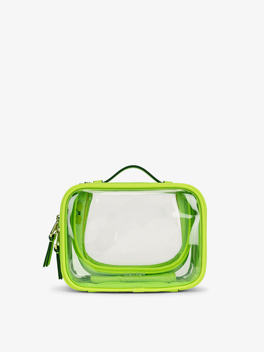 CALPAK small clear makeup bag with zippered compartments in electric green; CCM2001-ELECTRIC-LIME