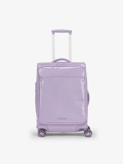 Studio product shot of front-facing CALPAK Terra 35L Carry-On luggage with soft shell and 360 spinner wheels in amethyst; LTR1020-AMETHYST