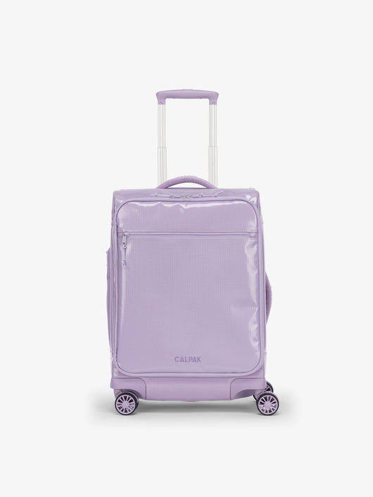 Studio product shot of front-facing CALPAK Terra 35L Carry-On luggage with soft shell and 360 spinner wheels in amethyst; LTR1020-AMETHYST