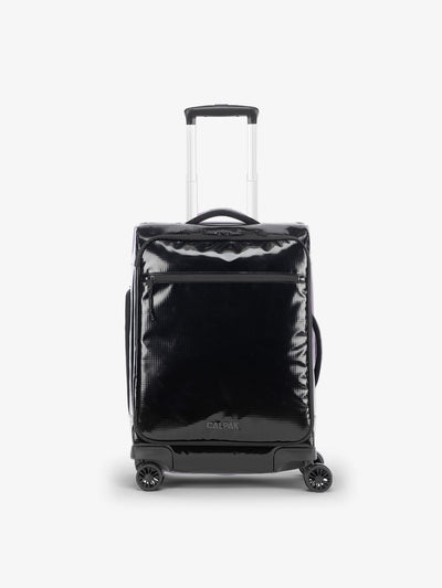 Studio product shot of front-facing CALPAK Terra 35L Carry-On luggage with soft shell and 360 spinner wheels in obsidian; LTR1020-OBSIDIAN