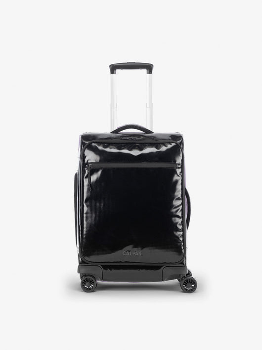 Studio product shot of front-facing CALPAK Terra 35L Carry-On luggage with soft shell and 360 spinner wheels in obsidian; LTR1020-OBSIDIAN