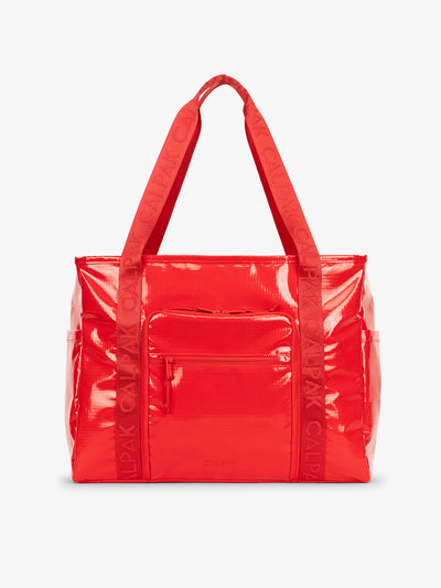 CALPAK Terra 35L Water Resistant Tote Bag in red with front angle; TTO2401-FLAME