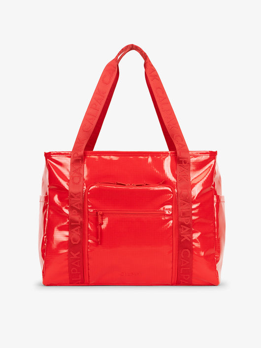 CALPAK Terra 35L Water Resistant Tote Bag in red with front angle; TTO2401-FLAME