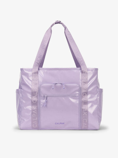 CALPAK Terra 35L Water Resistant Zippered Tote Bag made with durable recycled ripstop exterior, nylon webbing tote straps and multiple exterior pockets in amethyst; TTO2401-AMETHYST