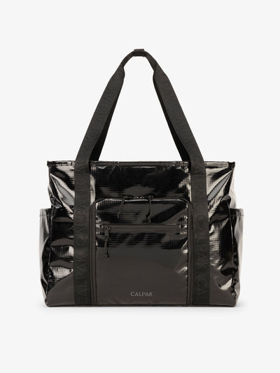 CALPAK Terra 35L Water Resistant Zippered Tote Bag made with durable recycled ripstop exterior, nylon webbing tote straps and multiple exterior pockets in obsidian; TTO2401-OBSIDIAN