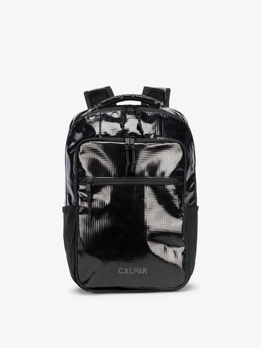 Front view of CALPAK Terra Hydration Backpack in obsidian; BPT2201-OBSIDIAN