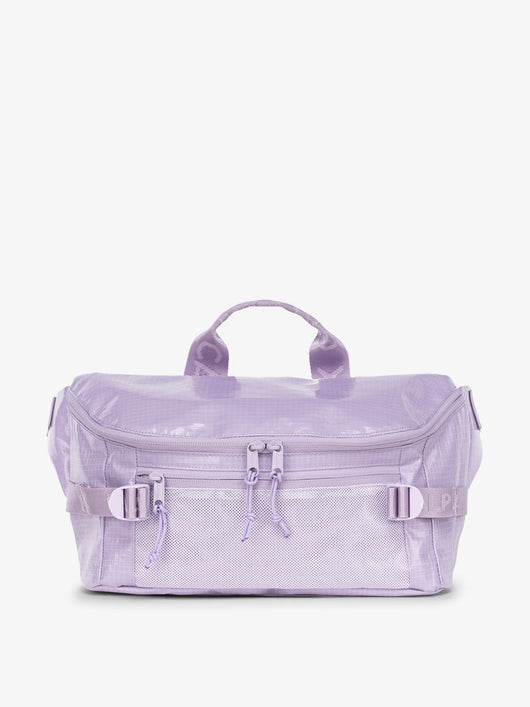 CALPAK Terra Sling Bag with mesh front pocket and top handle in amethyst; CBH2201-AMETHYST