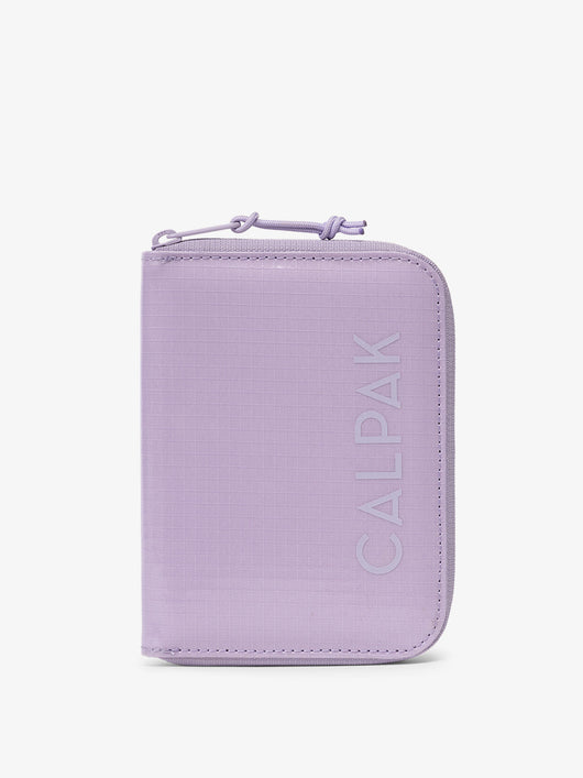 CALPAK Terra Zippered Passport Wallet in Amethyst light purple front view; ATPW2501-AMETHYST