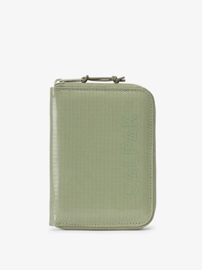 CALPAK Terra Zippered Passport Wallet front view in juniper; ATPW2501-BLOSSOM-ASPIRE