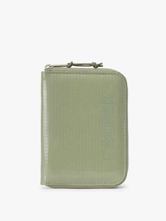 CALPAK Terra Zippered Passport Wallet front view in juniper; ATPW2501-BLOSSOM-ASPIRE
