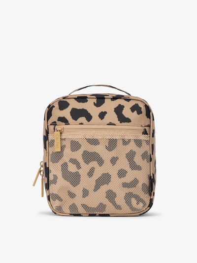 Front-view of CALPAK The Everything Cube made with durable exterior material featuring exterior mesh pocket and top handle in cheetah; ACE2401-CHEETAH