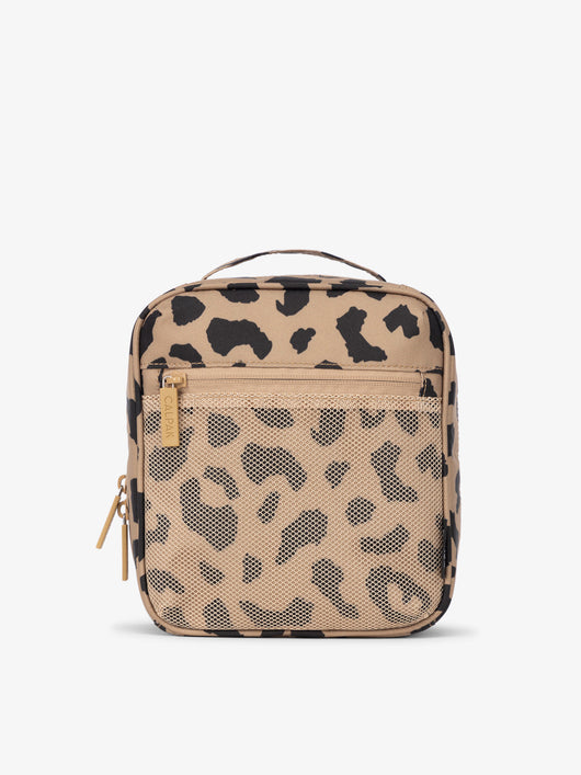 Front-view of CALPAK The Everything Cube made with durable exterior material featuring exterior mesh pocket and top handle in cheetah; ACE2401-CHEETAH