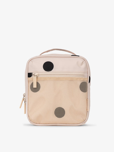 Front-view of CALPAK The Everything Cube made with durable exterior material featuring exterior mesh pocket and top handle in polka dot; ACE2401-POLKA-DOT