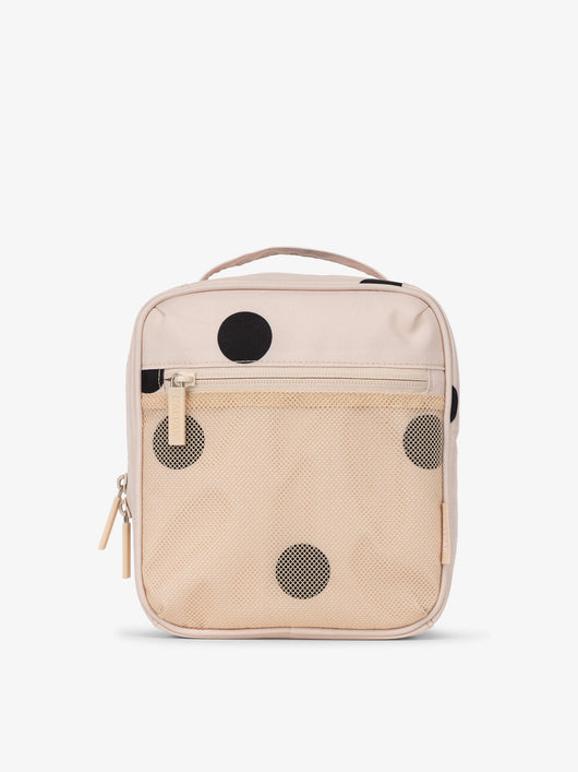 Front-view of CALPAK The Everything Cube made with durable exterior material featuring exterior mesh pocket and top handle in polka dot; ACE2401-POLKA-DOT