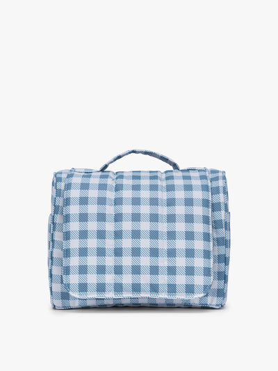 CALPAK Luka Hanging Toiletry Bag in white and blue gingham print in French Blue Gingham; TLH2301-FRENCH-BLUE-GINGHAM