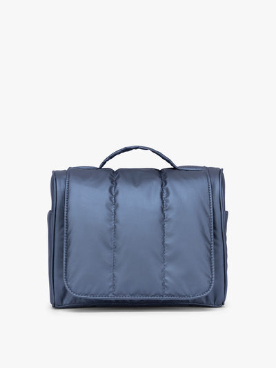 CALPAK Luka Hanging Toiletry Bag in metallic dark blue material in Metallic Indigo; TLH2301-METALLIC-INDIGO