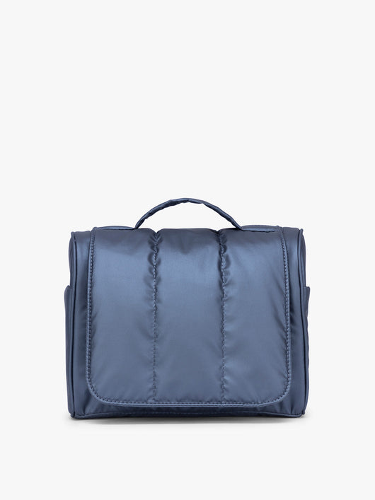 CALPAK Luka Hanging Toiletry Bag in metallic dark blue material in Metallic Indigo; TLH2301-METALLIC-INDIGO