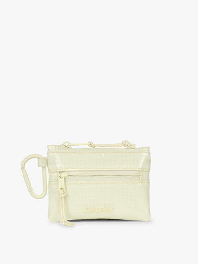 CALPAK Terra Clippable Card Pouch in light green Celadon on a white background with a carabiner; TPC2401-CELADON