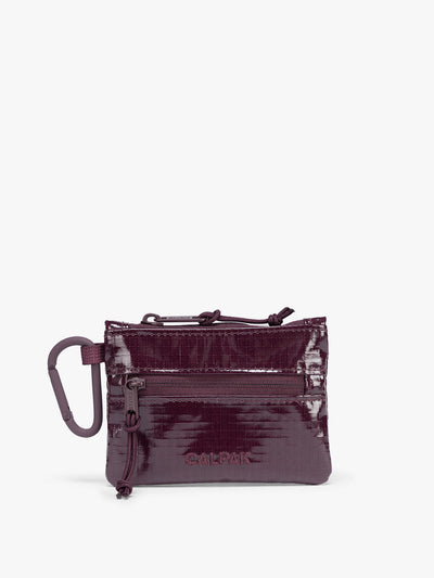 Dark red Dark Cherry CALPAK Terra Clippable Card Pouch with carabiner clip and zipper on a white background; TPC2401-DARK-CHERRY