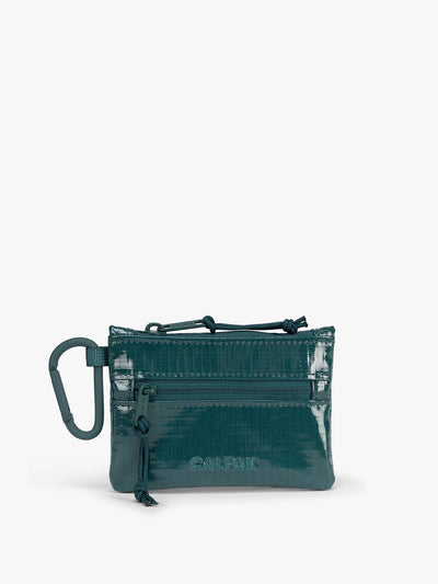 Kale blue green of CALPAK Terra Clippable Card Pouch with carabiner clip and zipper on a white background; TPC2401-KALE