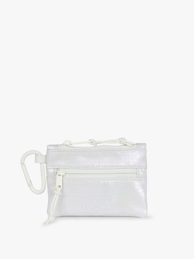 CALPAK Terra Clippable Card Pouch in shiny white Moonbeam on a white background with a carabiner; TPC2401-MOONBEAM