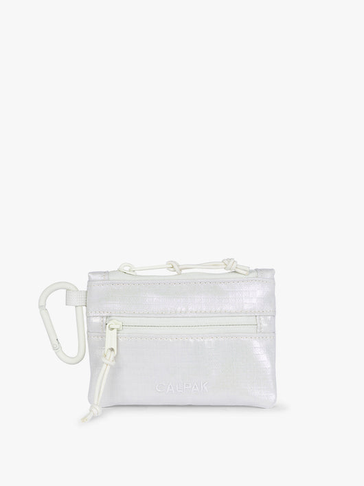 CALPAK Terra Clippable Card Pouch in shiny white Moonbeam on a white background with a carabiner; TPC2401-MOONBEAM