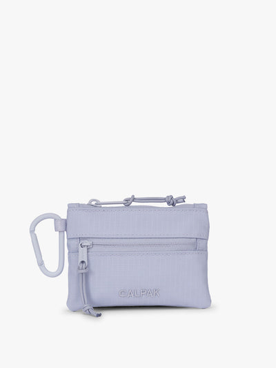 CALPAK Terra Clippable Card Pouch in light purple lavender Sea Glass on a white background with a carabiner; TPC2401-SEA-GLASS