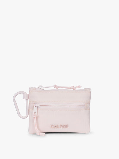 CALPAK Terra Clippable Card Pouch in shiny pink Shell Pink on a white background with a carabiner; TPC2401-SHELL-PINK